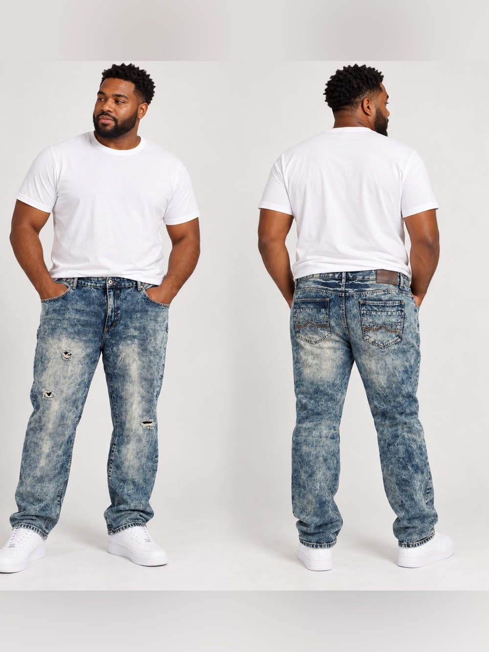 Royal Blue Men's 46x32 Acid Wash Distressed Straight Leg Jeans Y2K Hip Hop